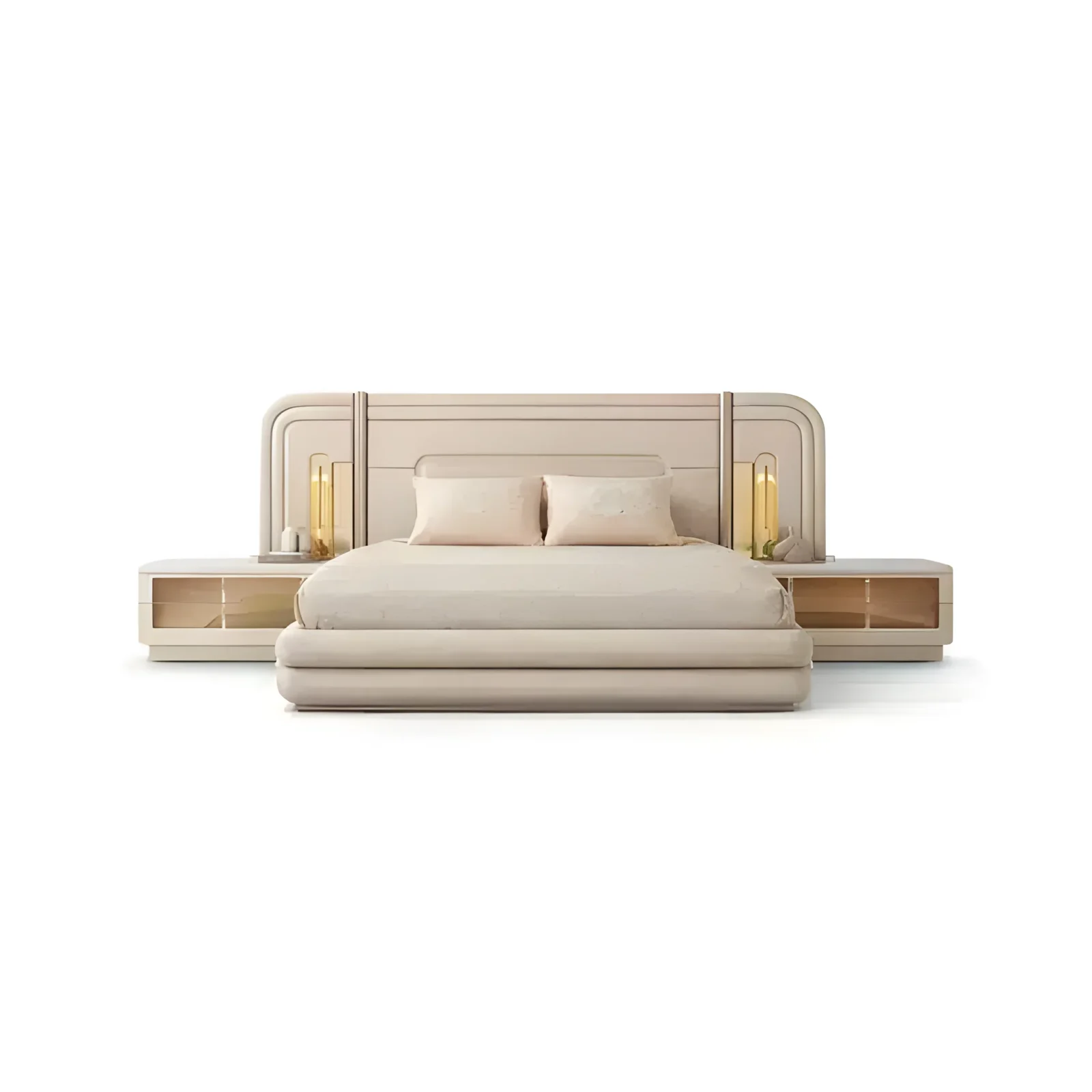 Romel Bed and Nightstand Set presented in a clean bedroom with side perspective
