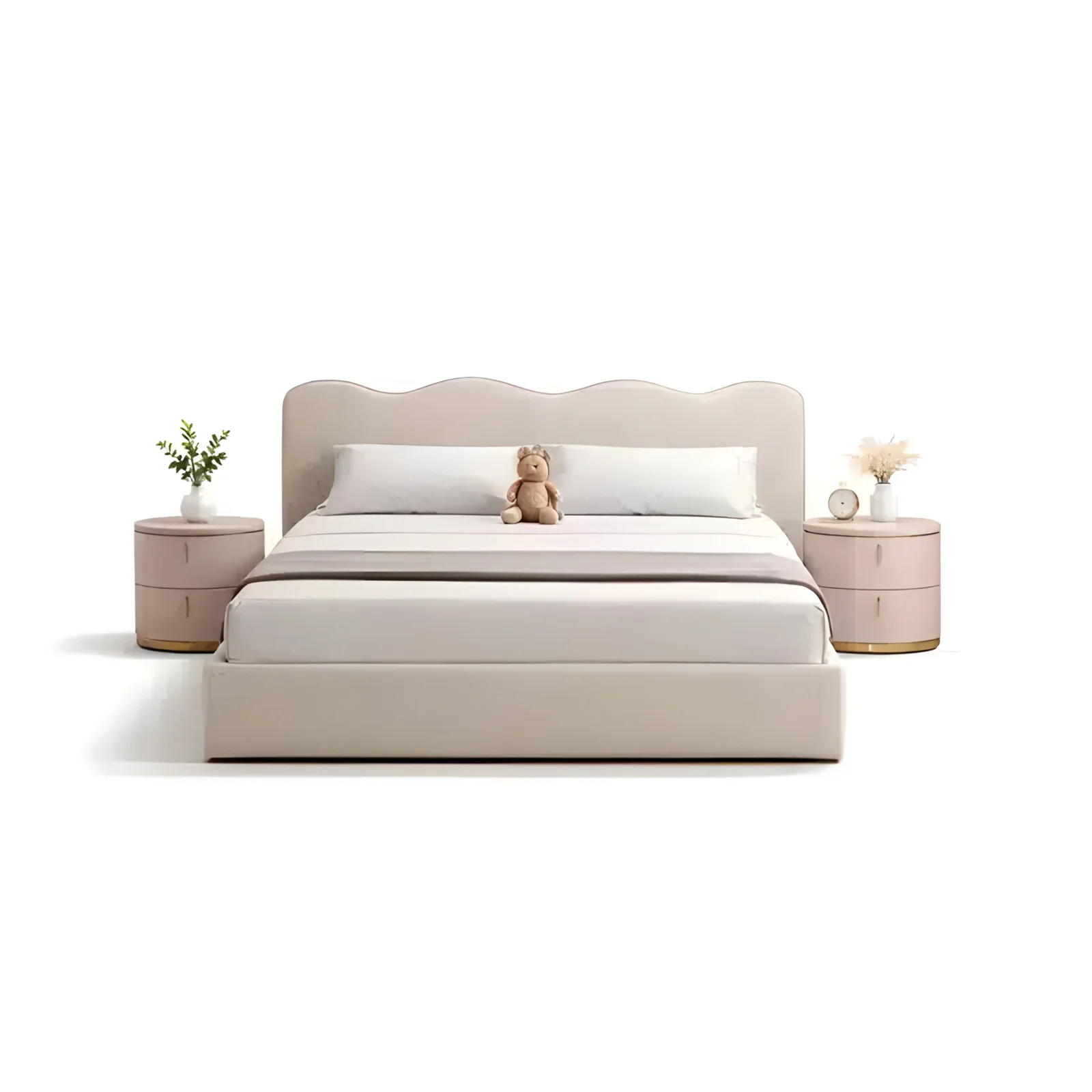 Bedroom Bed and Nightstand Set presented in a comfortable bedroom with cozy side perspective