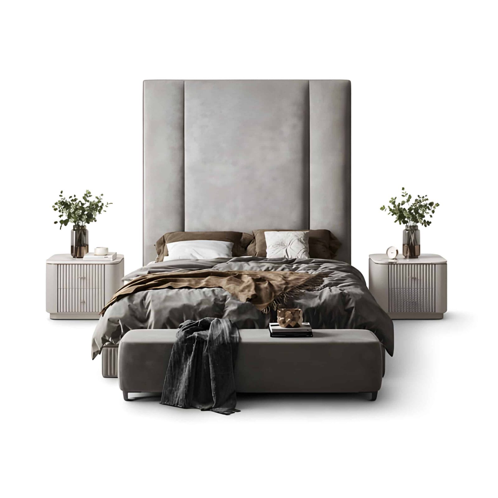 Bedroom Bed and Nightstand Set presented in a clean bedroom with calm lifestyle perspective with a clear product perspective