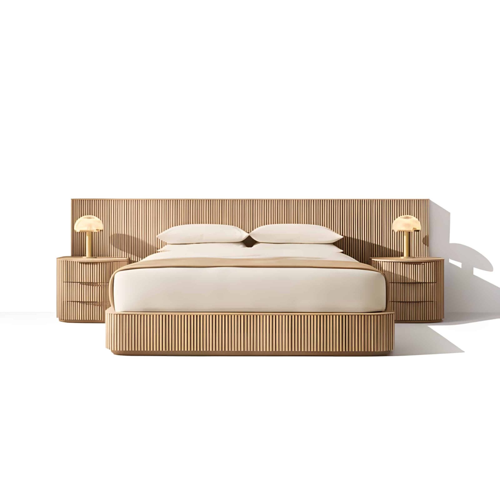 Rira Bed and Nightstand Set presented in a contemporary bedroom with side perspective