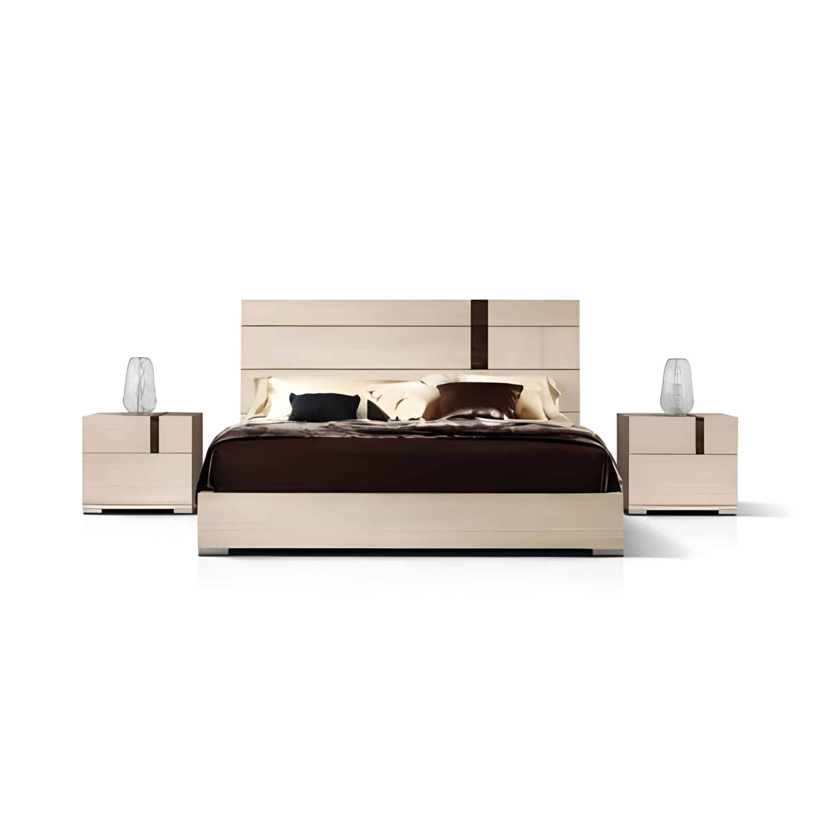 Bedroom Bed and Nightstand Set presented in a contemporary bedroom with warm decor perspective