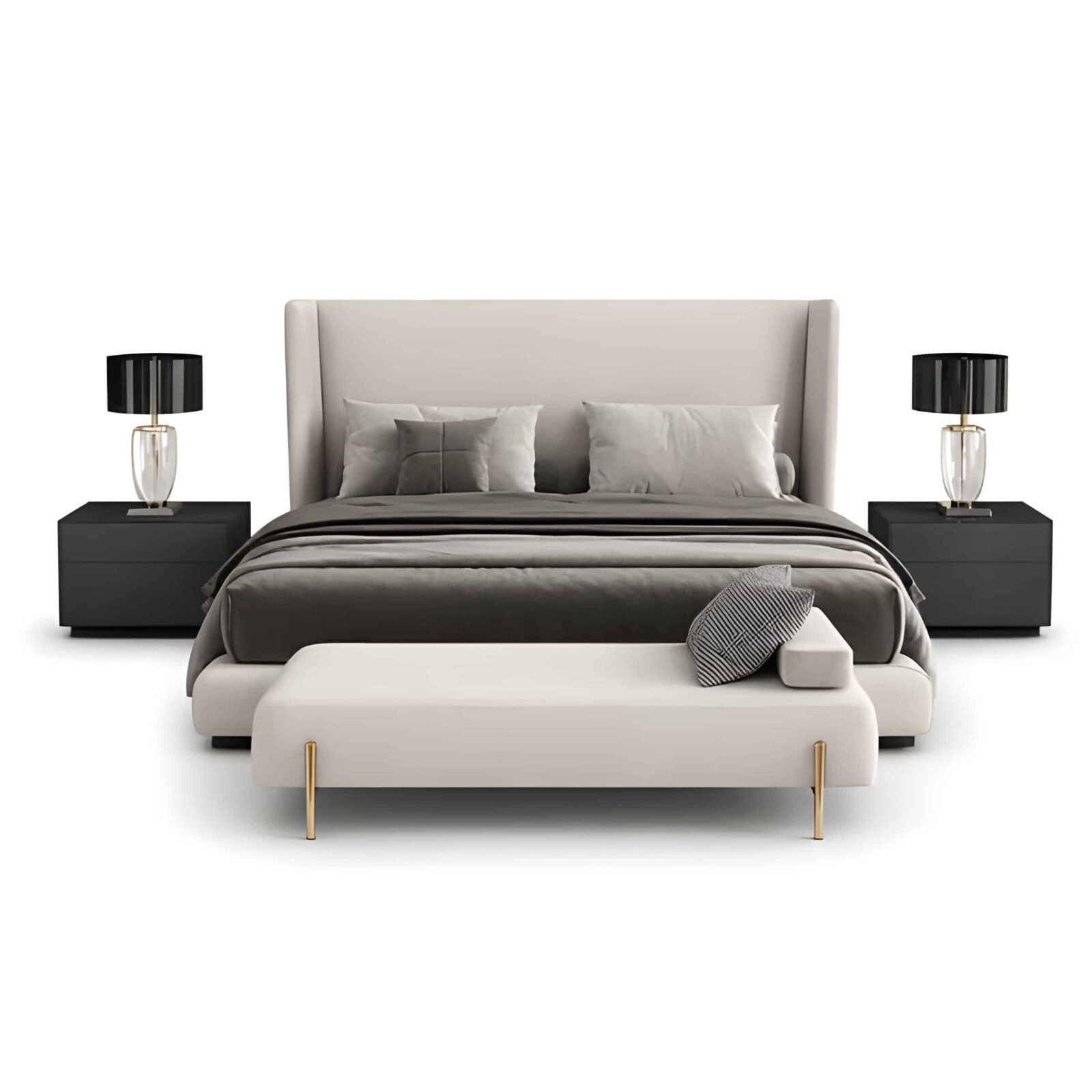 Bedroom Bed and Nightstand Set presented in a modern bedroom with graceful front perspective with a clear product perspective