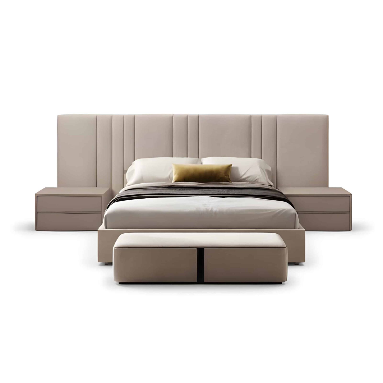 Bedroom Bed and Nightstand Set presented in a modern bedroom with premium front perspective with a clear product perspective