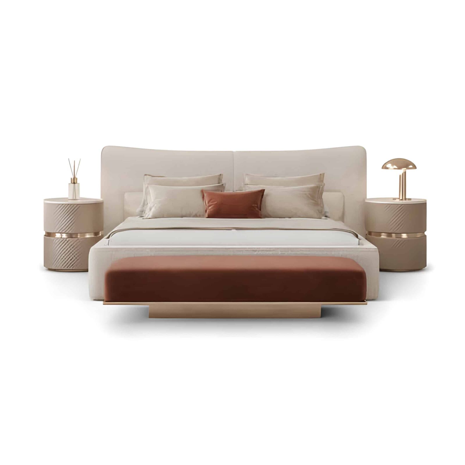 Bedroom Bed and Nightstand Set presented in a stylish bedroom with classic side perspective with a clear product perspective
