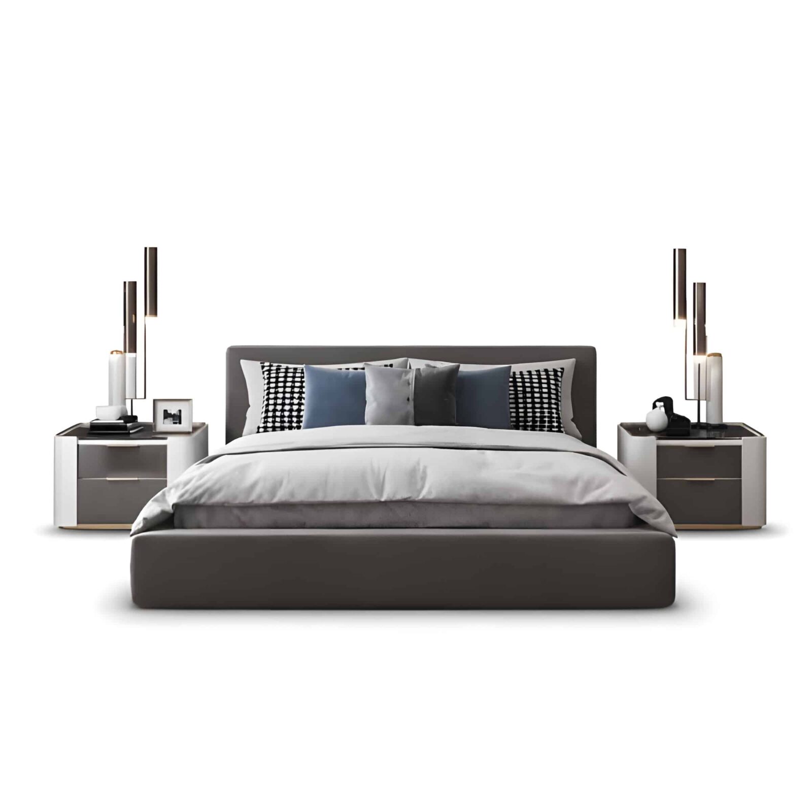 Bedroom Bed and Nightstand Set presented in a classic bedroom with airy wide perspective with a clear product perspective