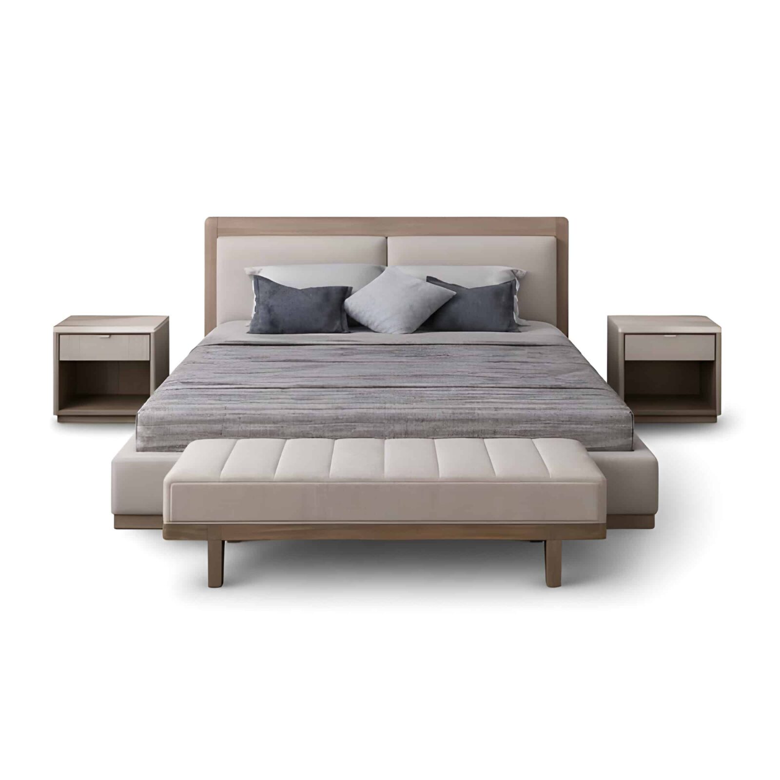 Bedroom Bed and Nightstand Set presented in a modern bedroom with graceful corner perspective with a clear product perspective