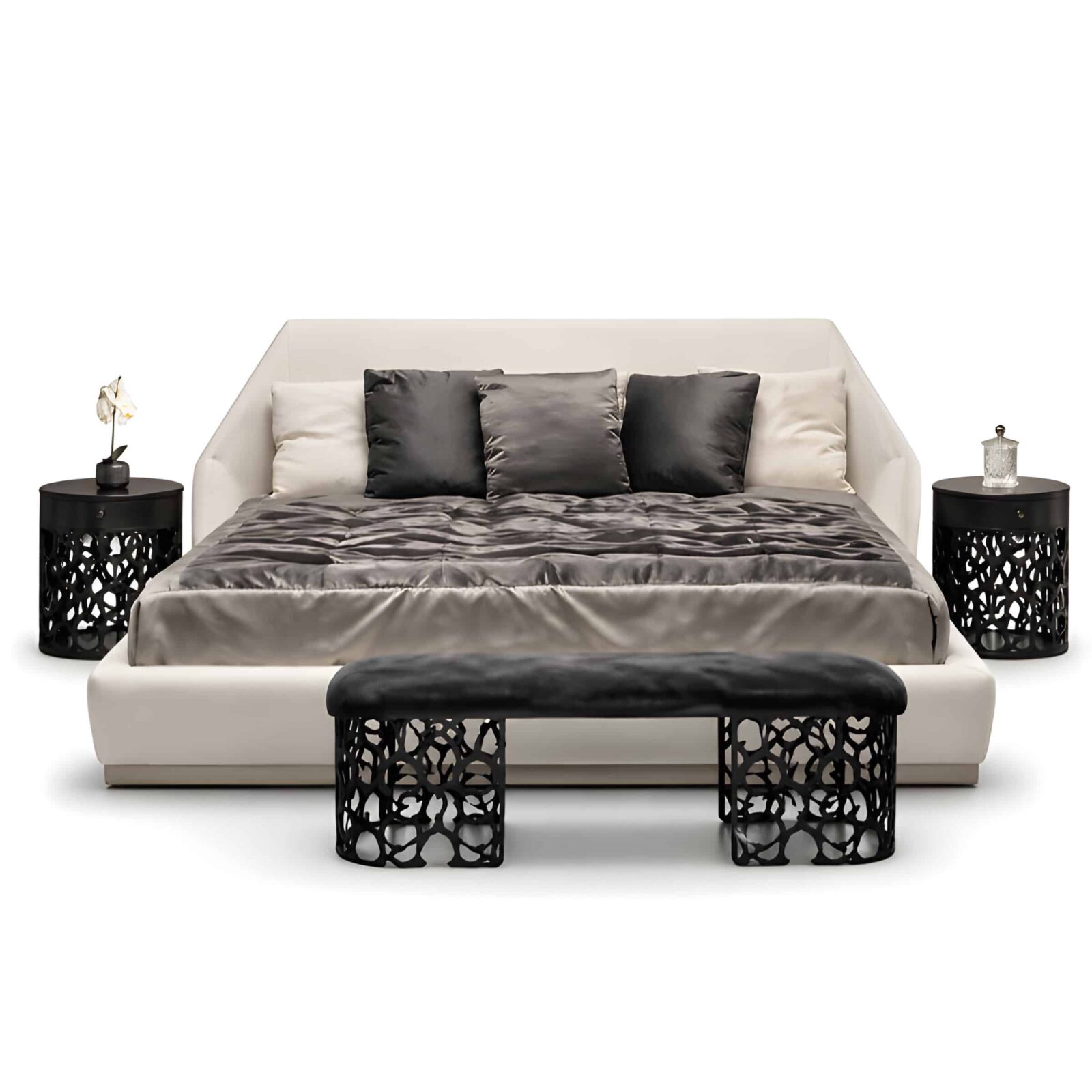 Bedroom Bed and Nightstand Set presented in a premium bedroom with elegant corner perspective with a clear product perspective