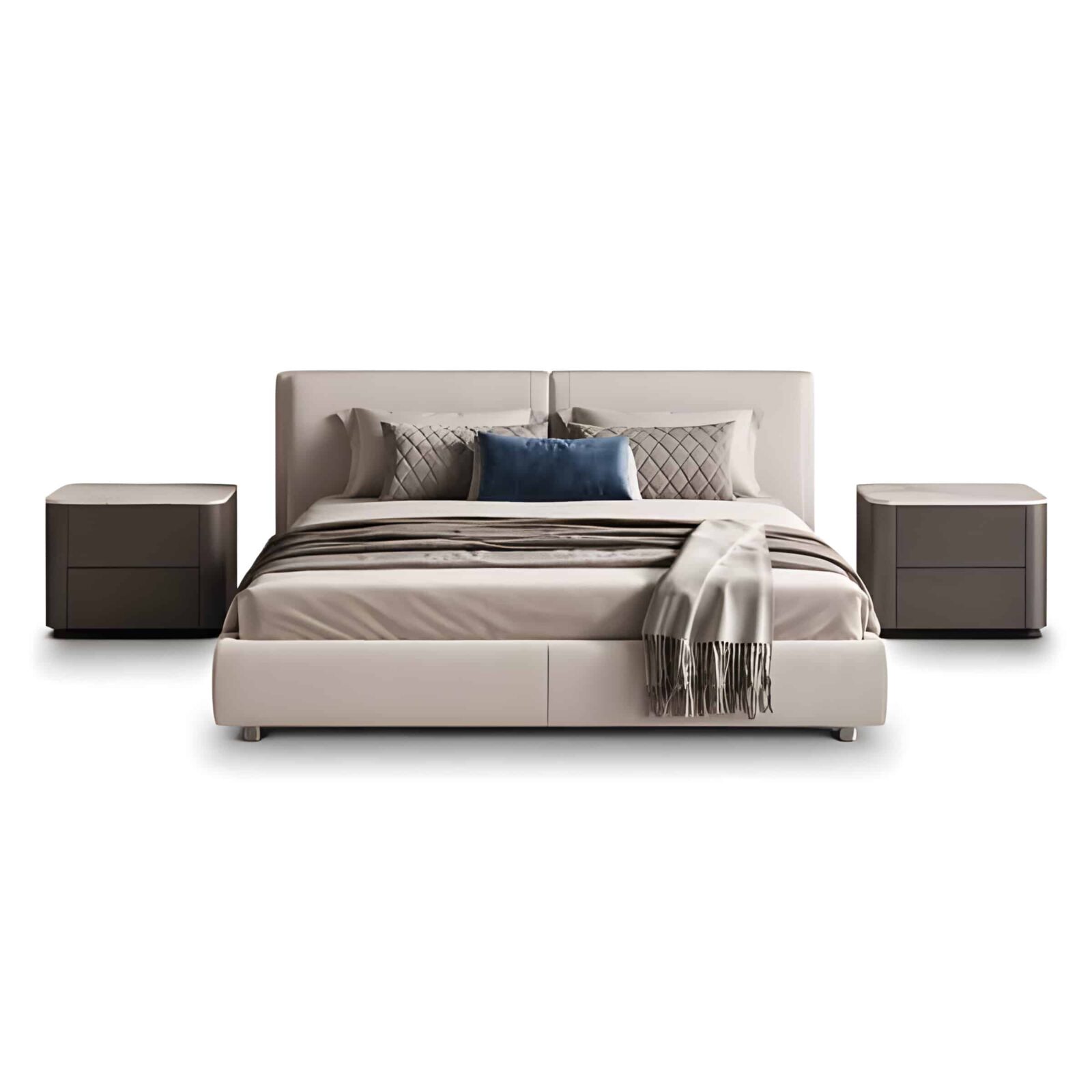 Meli Bed and Nightstand Set presented in a clean bedroom with wide room view