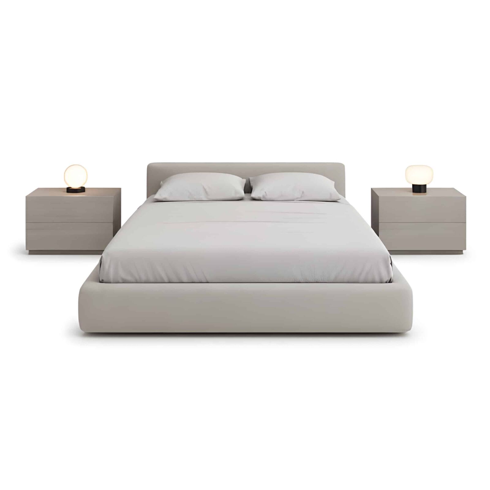 Bedroom Bed and Nightstand Set presented in a classic bedroom with airy showroom perspective with a clear product perspective