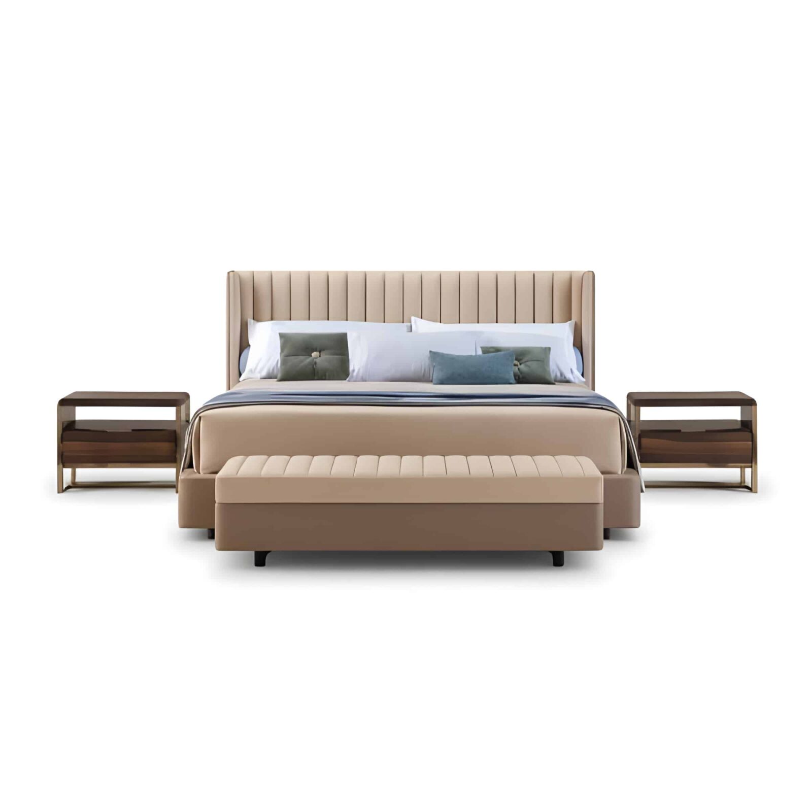 Bedroom Bed and Nightstand Set presented in a elegant bedroom with inviting showroom perspective with a clear product perspective