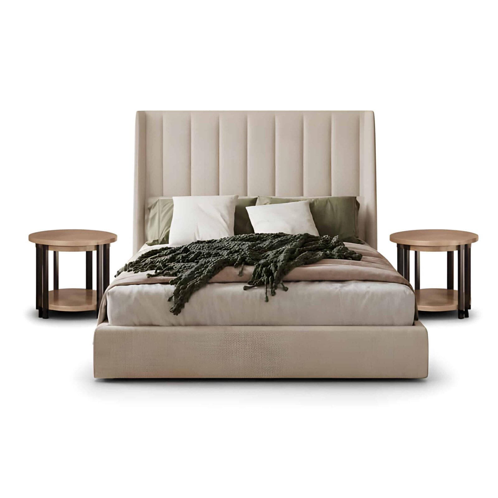 Bedroom Bed and Nightstand Set presented in a comfortable bedroom with refined lifestyle perspective with a clear product perspective