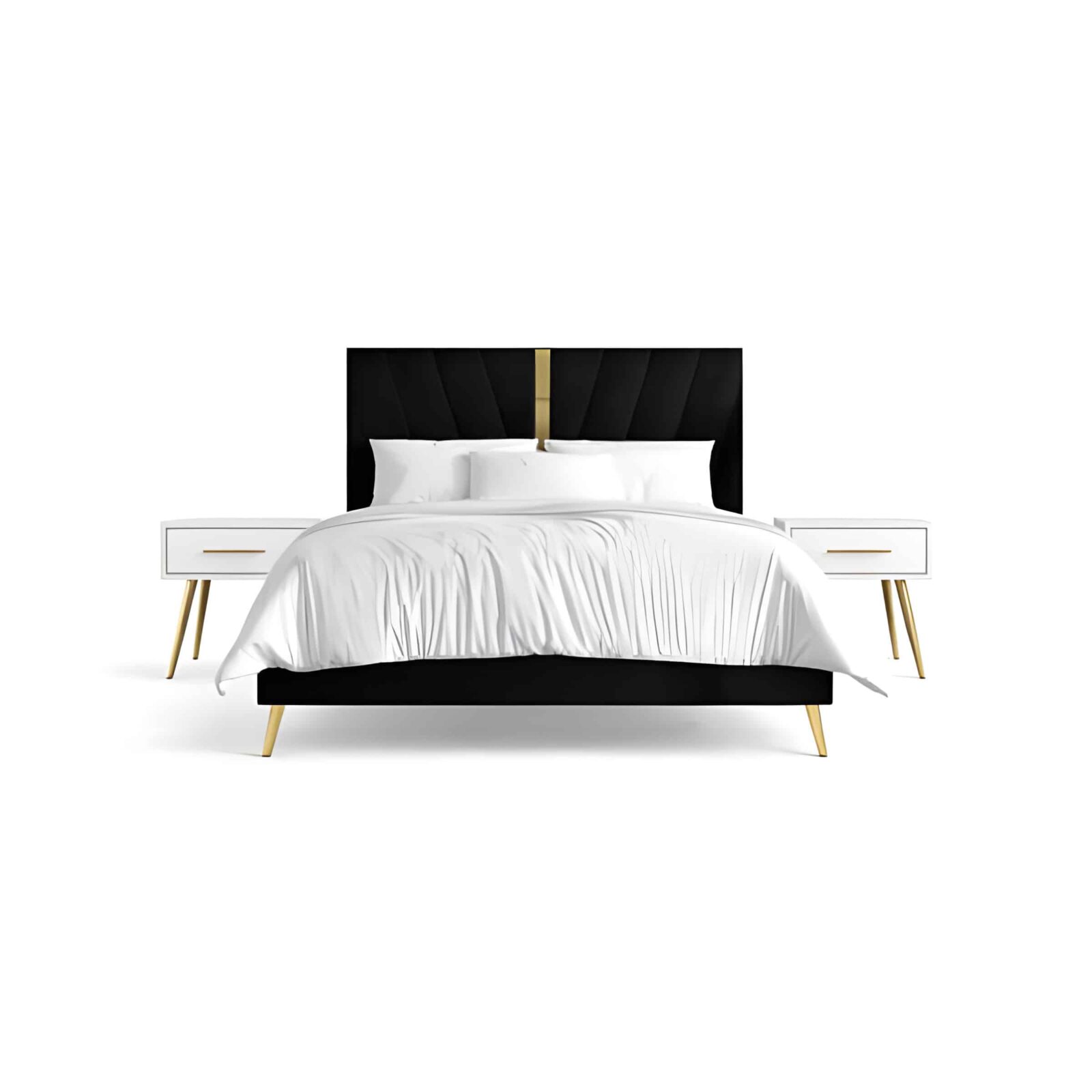 Bedroom Bed and Nightstand Set presented in a clean bedroom with sleek wide perspective