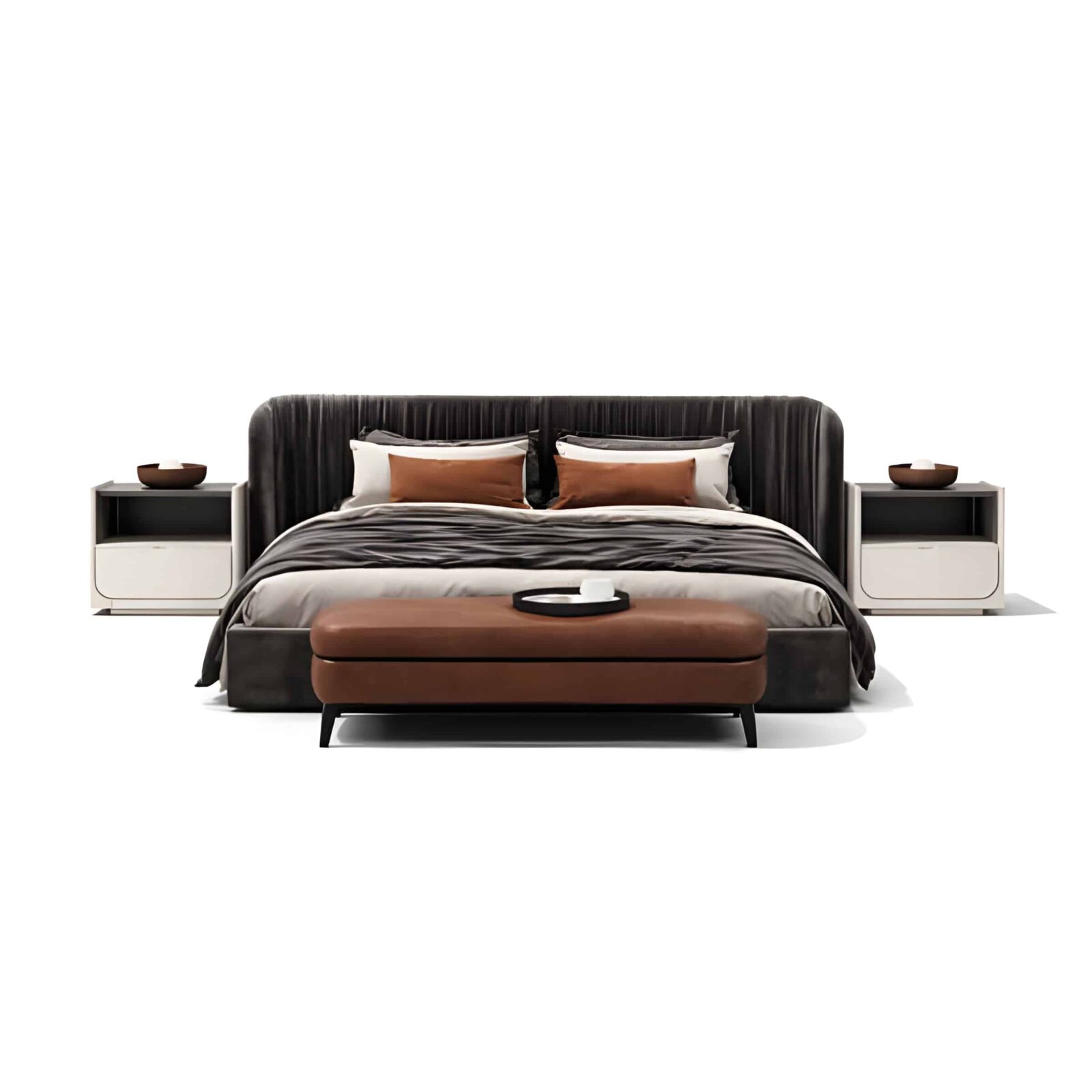 Bedroom Bed and Nightstand Set presented in a modern bedroom with graceful lifestyle perspective