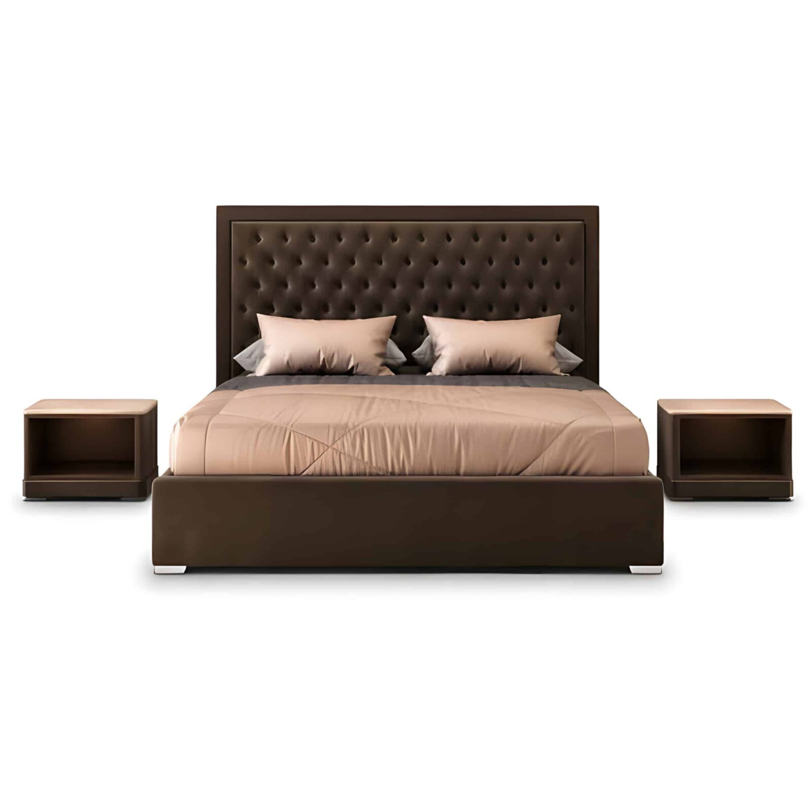 Bedroom Bed and Nightstand Set presented in a classic bedroom with airy front perspective with a clear product perspective