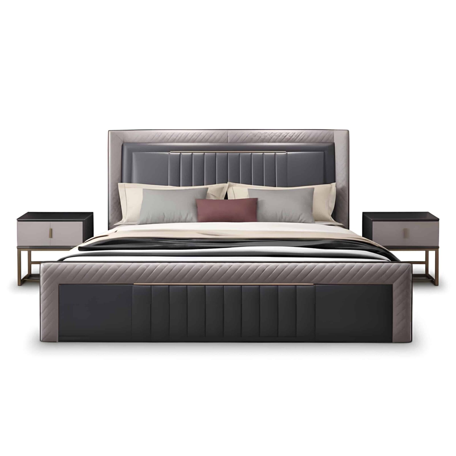 Bedroom Bed and Nightstand Set presented in a modern bedroom with premium wide perspective with a clear product perspective