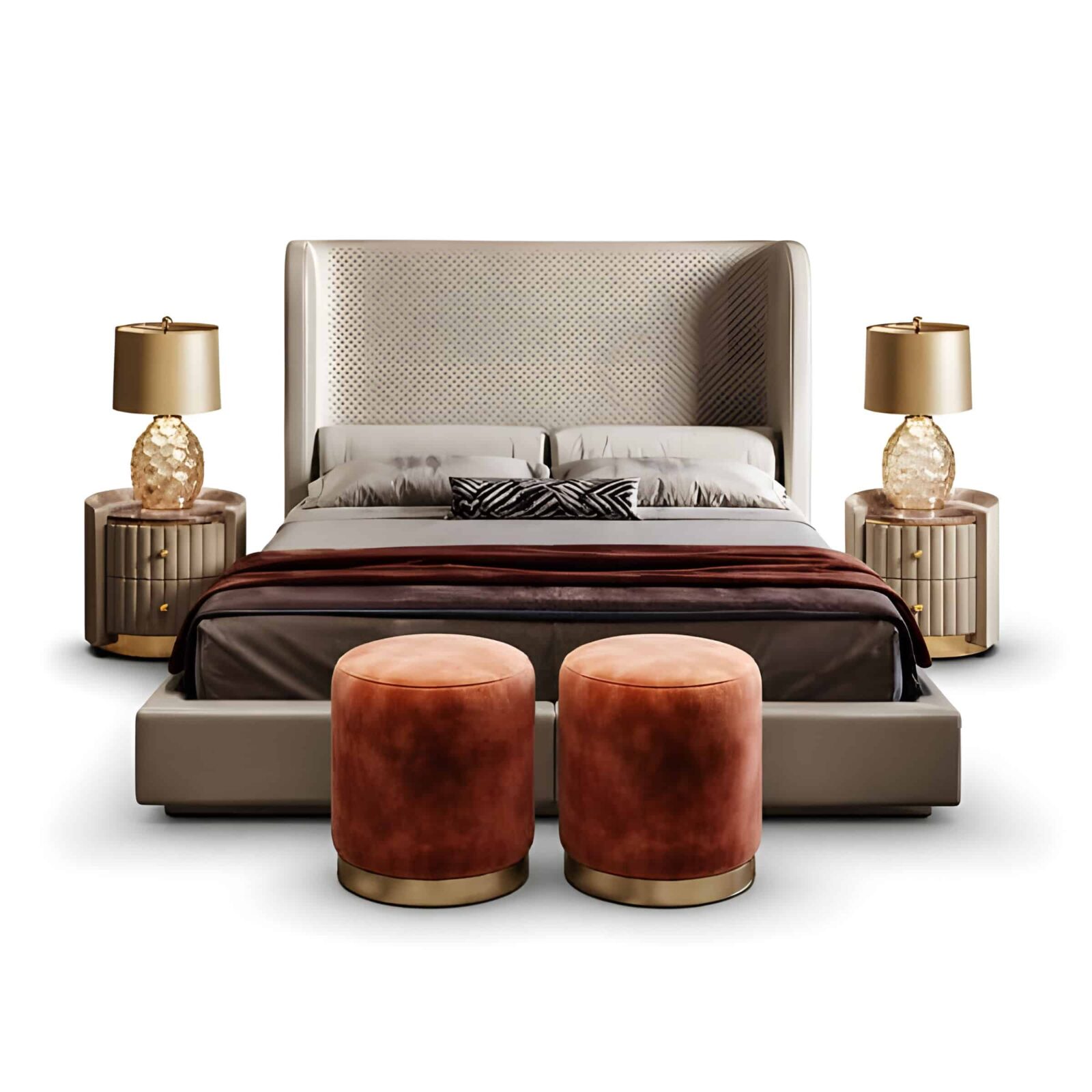 Bedroom Bed and Nightstand Set presented in a clean bedroom with calm showroom perspective with a clear product perspective