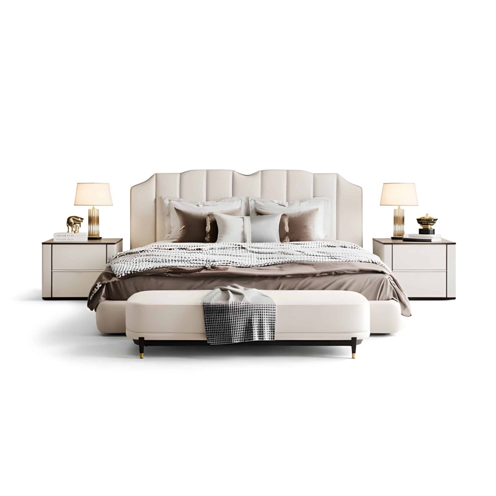 Bedroom Bed and Nightstand Set presented in a cozy bedroom with smart lifestyle perspective