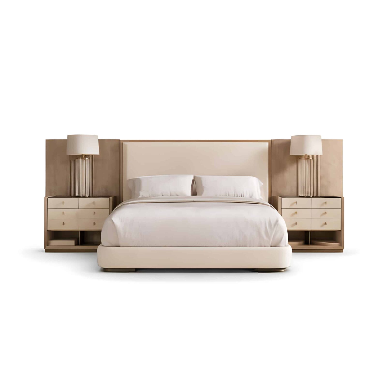 Bedroom Bed and Nightstand Set presented in a contemporary bedroom with warm home perspective