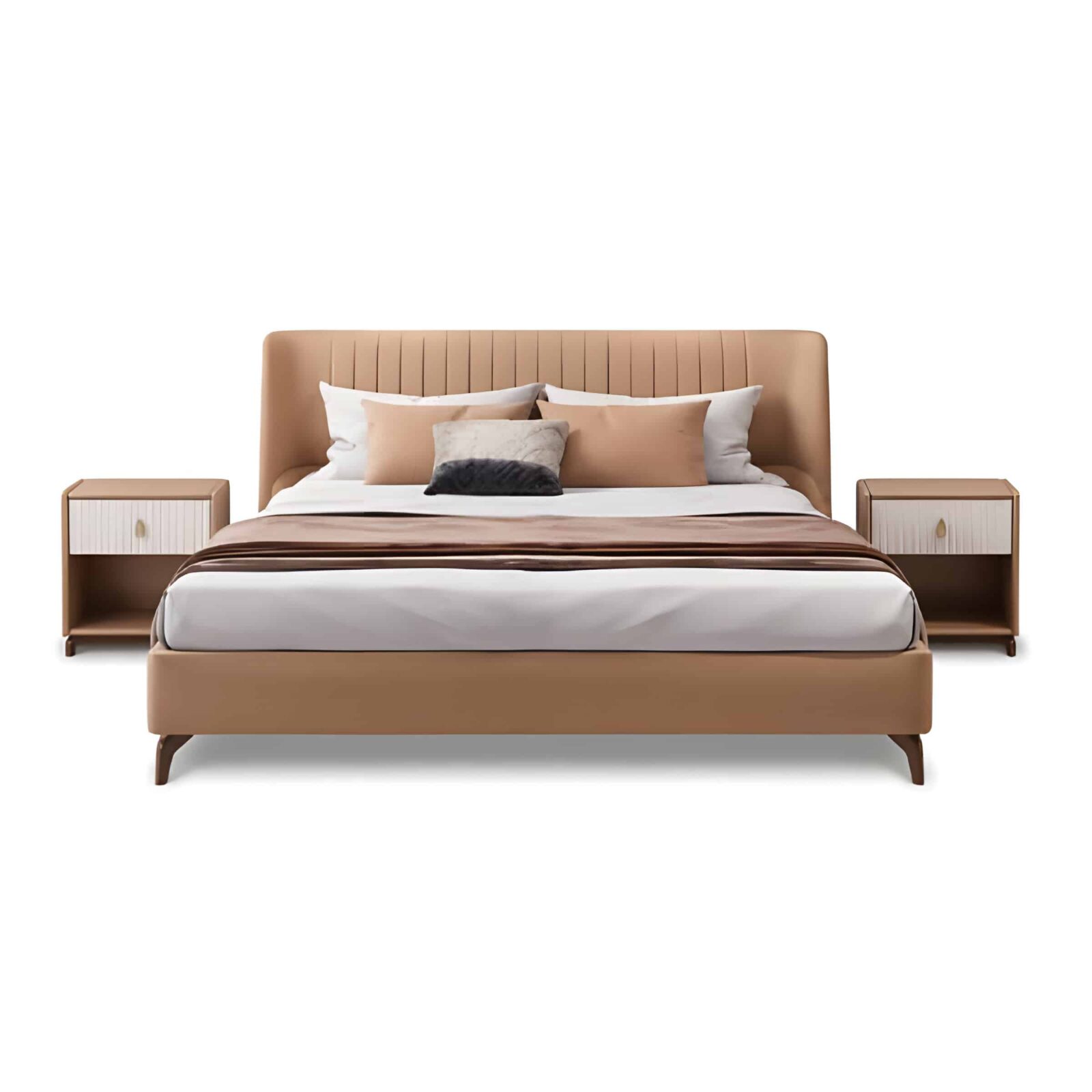 Bedroom Bed and Nightstand Set presented in a contemporary bedroom with neat front perspective with a clear product perspective