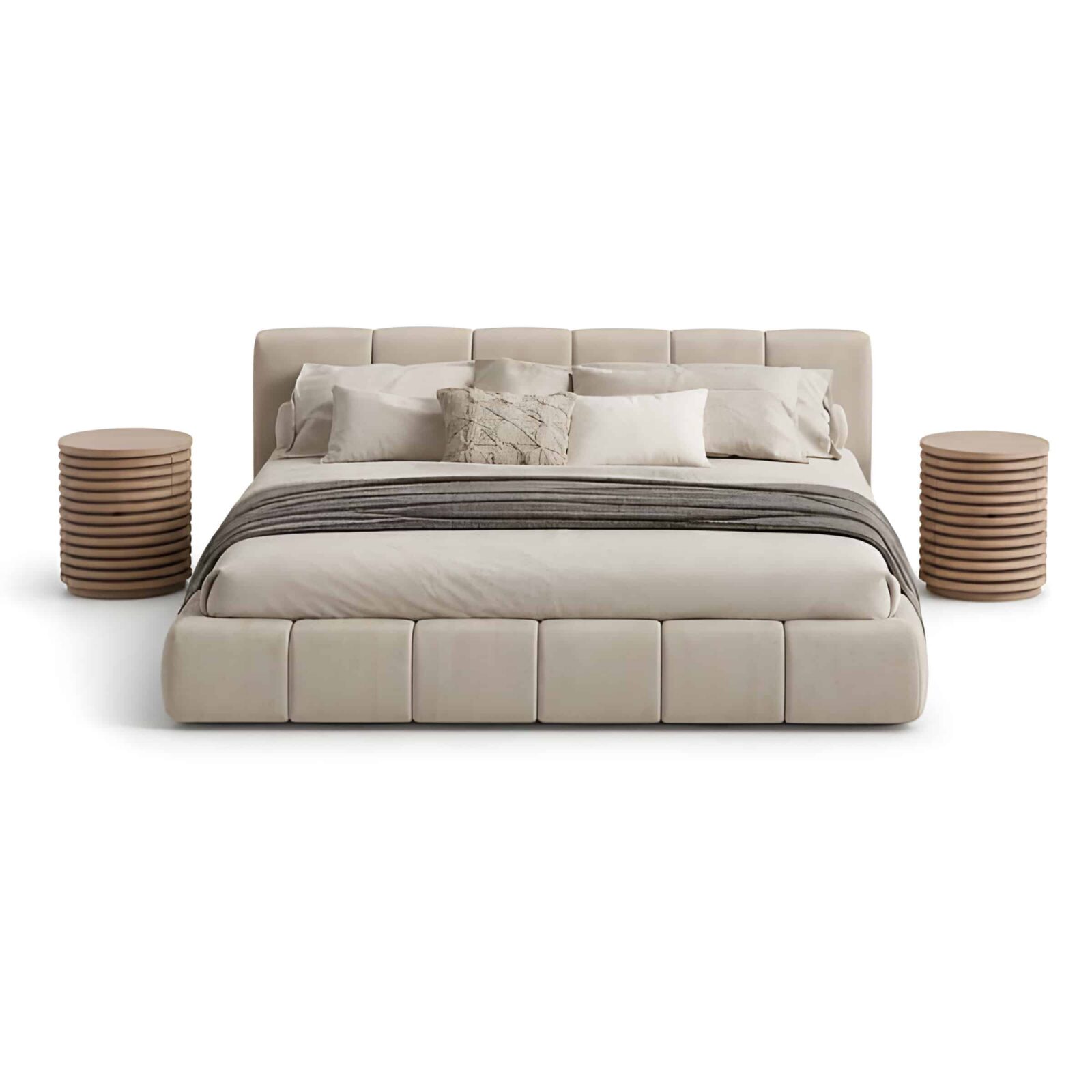 Bedroom Bed and Nightstand Set presented in a comfortable bedroom with refined side perspective with a clear product perspective