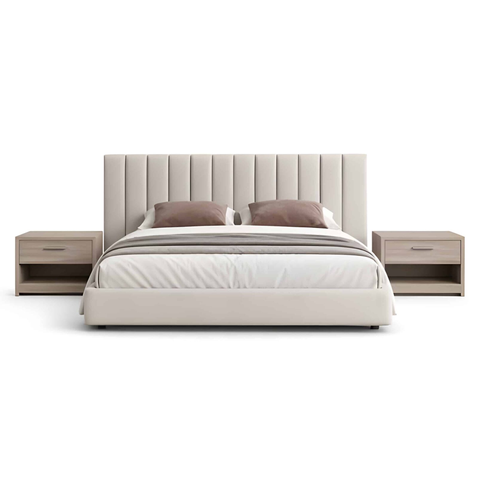 Bedroom Bed and Nightstand Set presented in a stylish bedroom with balanced wide perspective with a clear product perspective