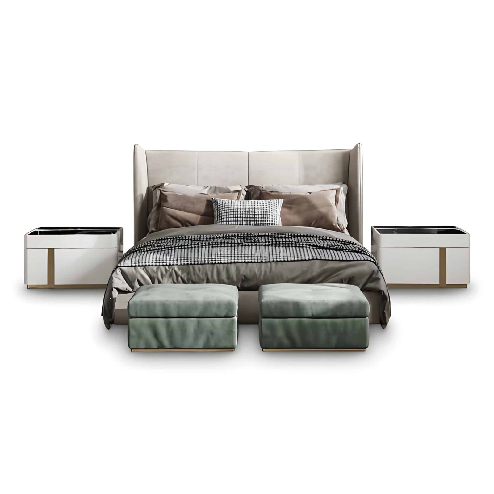 Bedroom Bed and Nightstand Set presented in a classic bedroom with gentle wide perspective with a clear product perspective