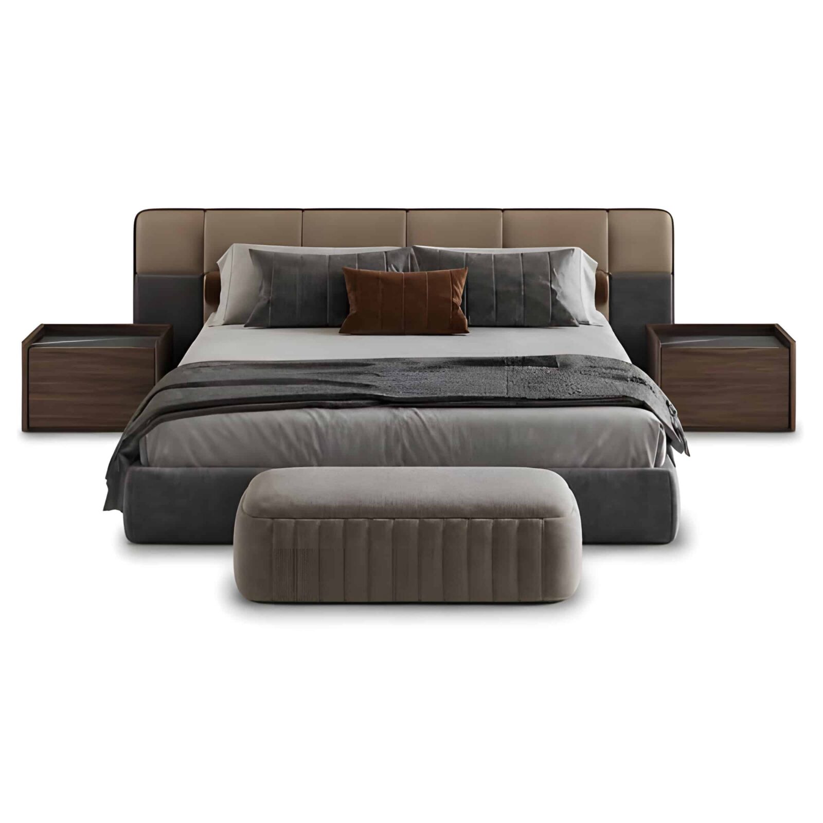 Bedroom Bed and Nightstand Set presented in a modern bedroom with graceful detail perspective with a clear product perspective