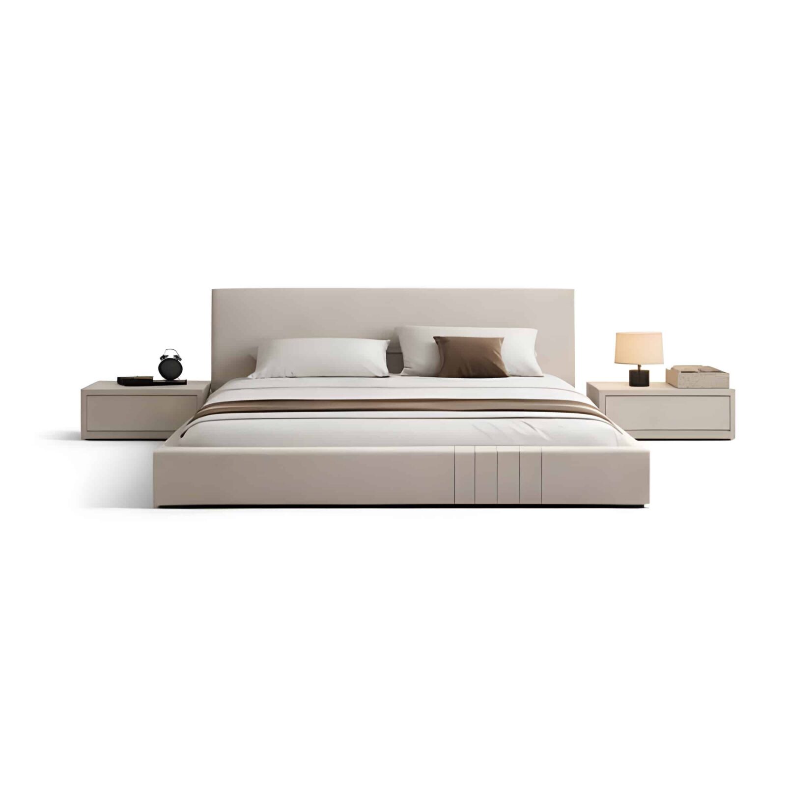 Bedroom Bed and Nightstand Set presented in a contemporary bedroom with warm wide perspective
