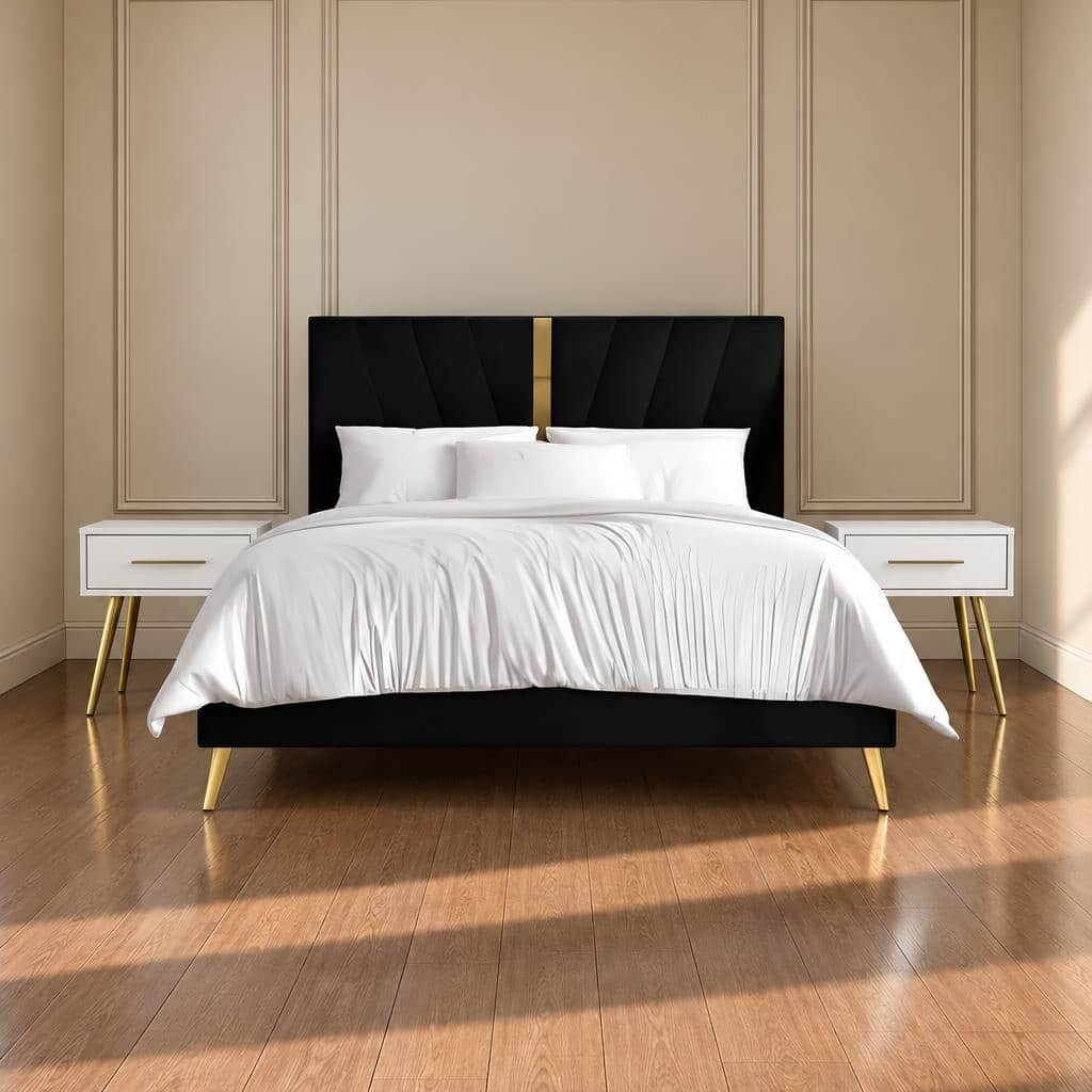Bedroom Bed and Nightstand Set presented in a clean bedroom with sleek wide perspective