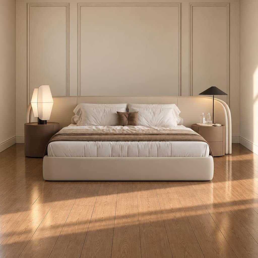 Bedroom Bed and Nightstand Set presented in a cozy bedroom with serene wide perspective