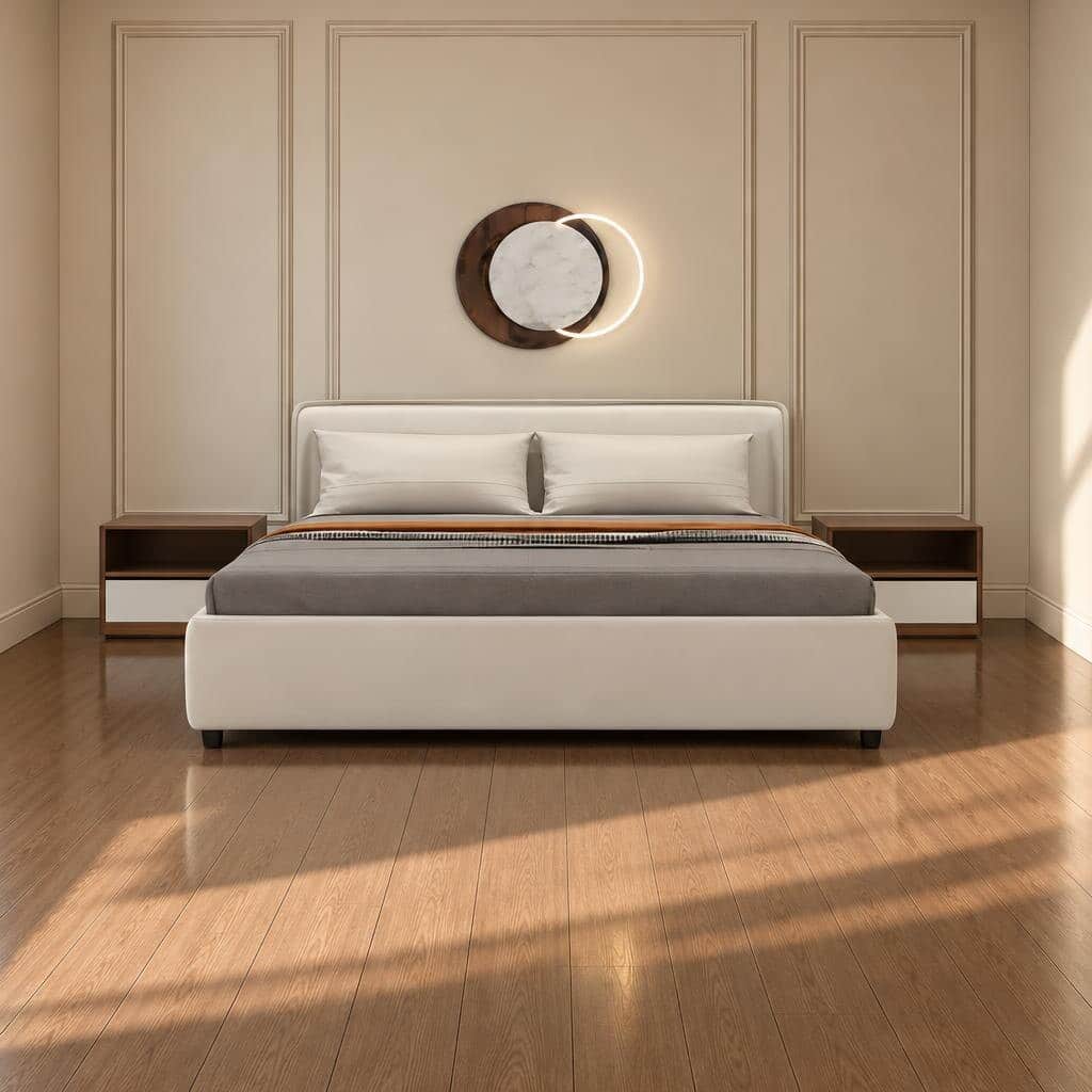 Bedroom Bed and Nightstand Set presented in a premium bedroom with polished wide perspective