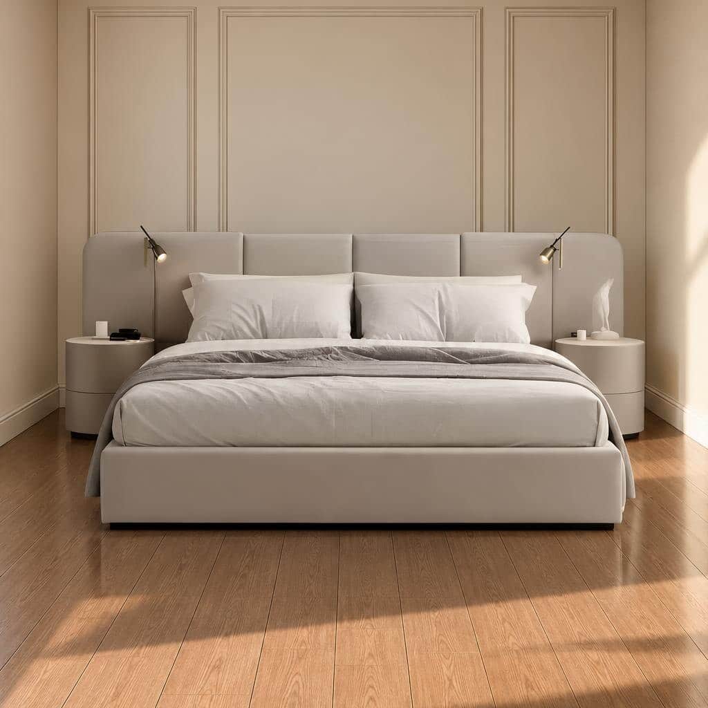 Rumi Bed and Nightstand Set presented in a contemporary bedroom with side perspective