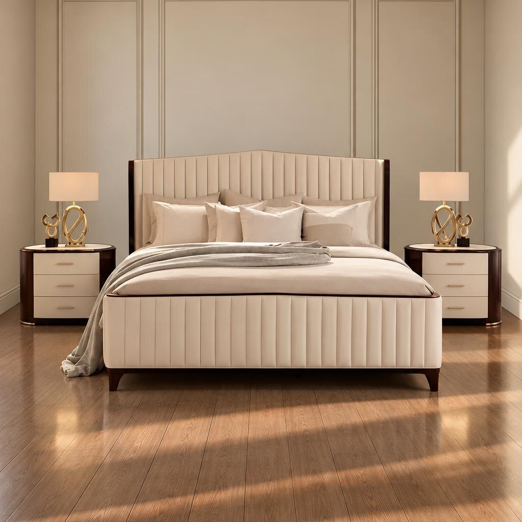 Vona Bed and Nightstand Set presented in a modern bedroom with close detail angle