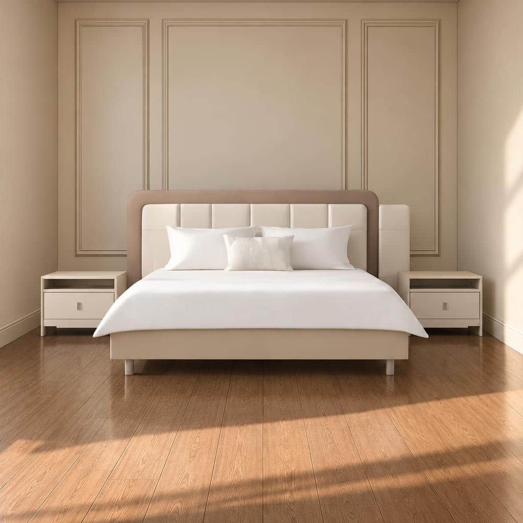 Bedroom Bed and Nightstand Set presented in a premium bedroom with elegant side perspective