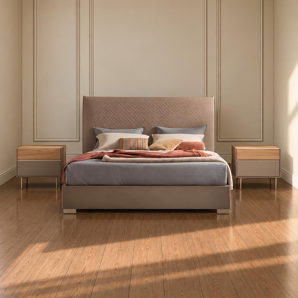 Bedroom Bed and Nightstand Set presented in a premium bedroom with polished furniture perspective