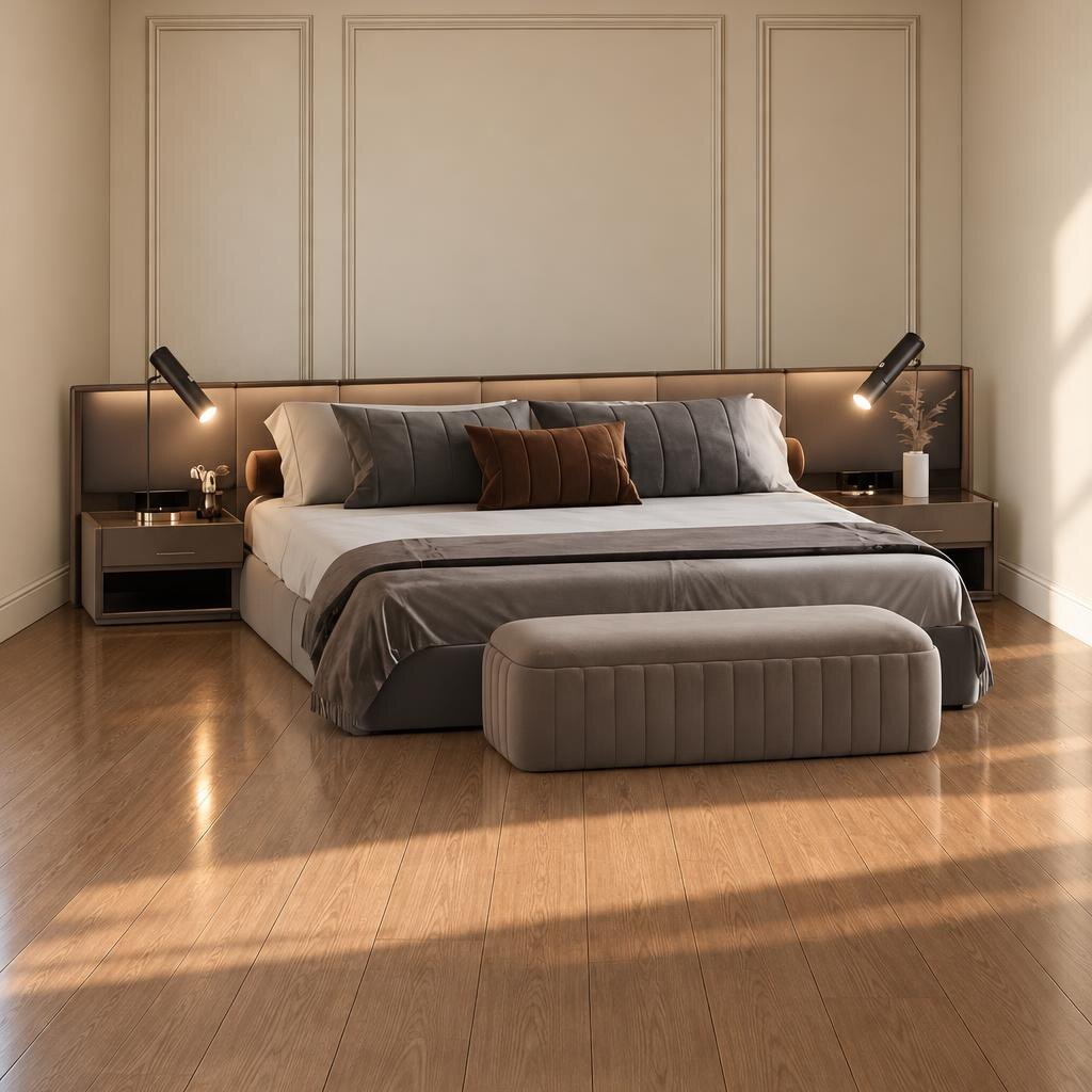 Bedroom Bed and Nightstand Set presented in a contemporary bedroom with warm decor perspective with a clear product perspective