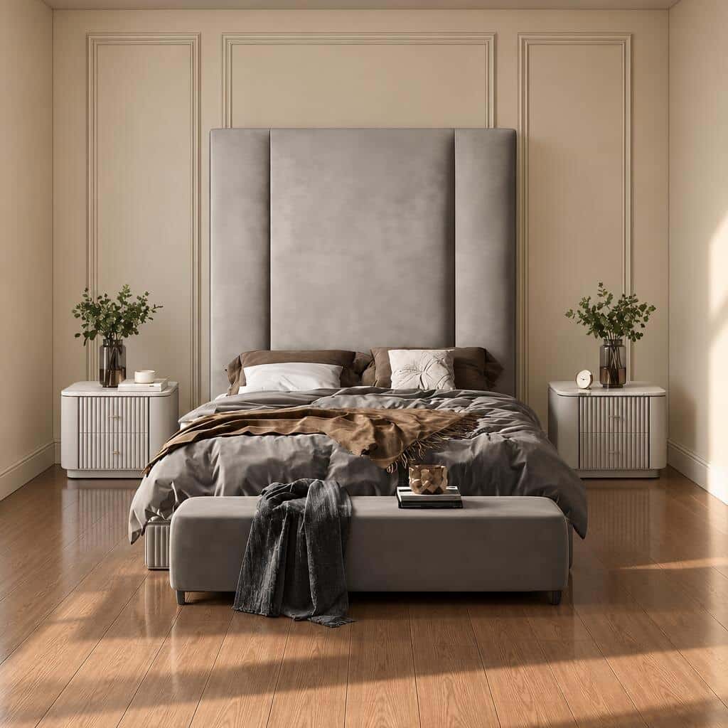 Bedroom Bed and Nightstand Set presented in a clean bedroom with calm lifestyle perspective with a clear product perspective