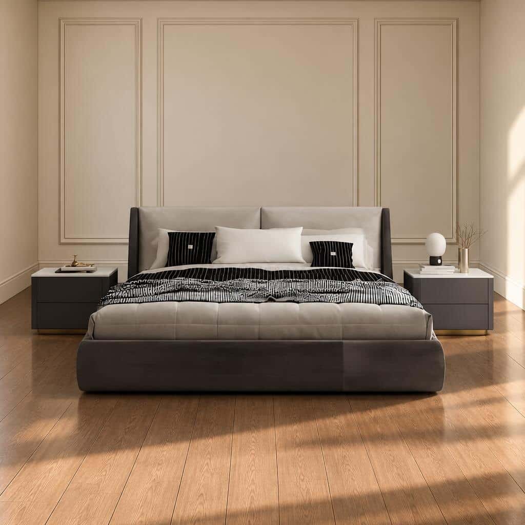 Bedroom Bed and Nightstand Set presented in a contemporary bedroom with neat detail perspective