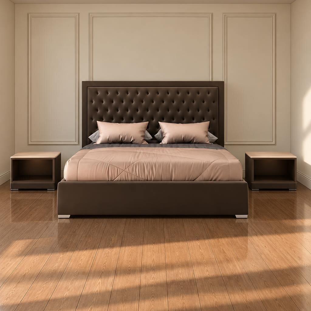 Bedroom Bed and Nightstand Set presented in a classic bedroom with airy front perspective with a clear product perspective