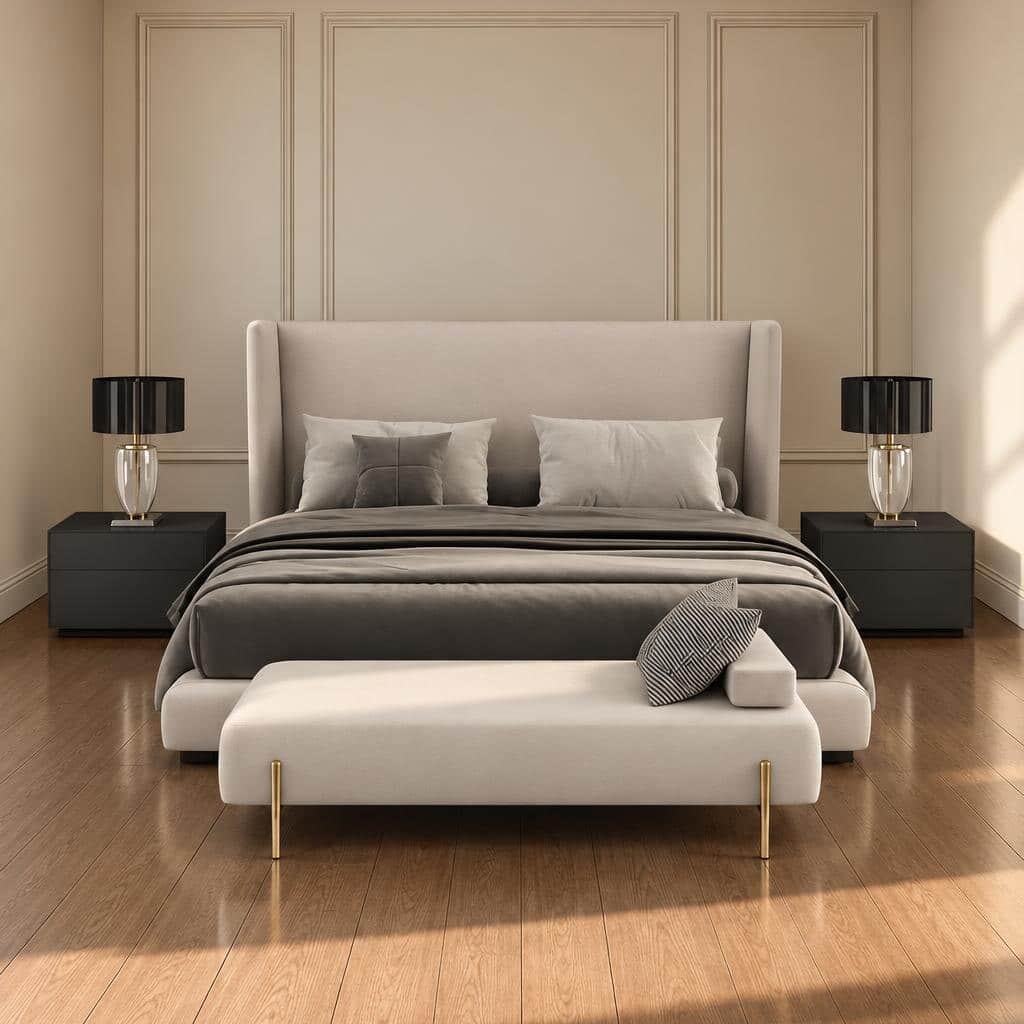 Bedroom Bed and Nightstand Set presented in a modern bedroom with graceful front perspective with a clear product perspective