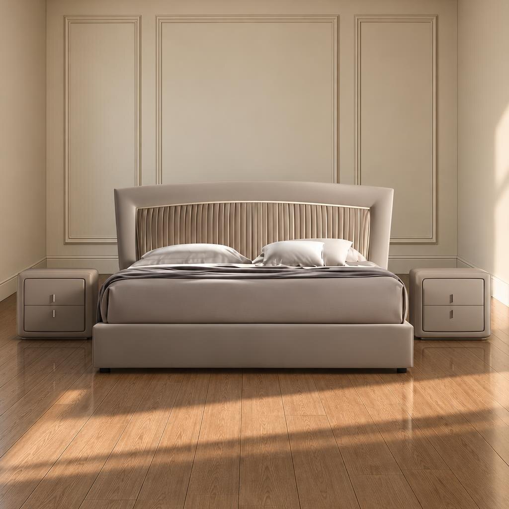 Bedroom Bed and Nightstand Set presented in a contemporary bedroom with neat home perspective