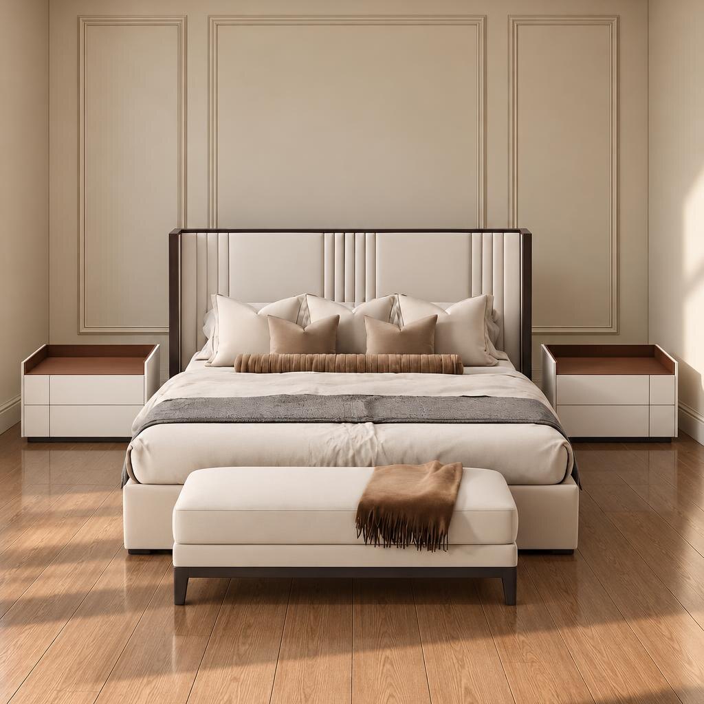 Bedroom Bed and Nightstand Set presented in a cozy bedroom with serene side perspective with a clear product perspective