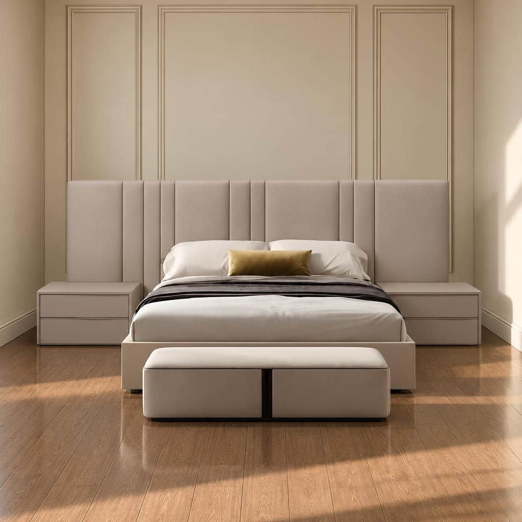 Bedroom Bed and Nightstand Set presented in a modern bedroom with premium front perspective with a clear product perspective