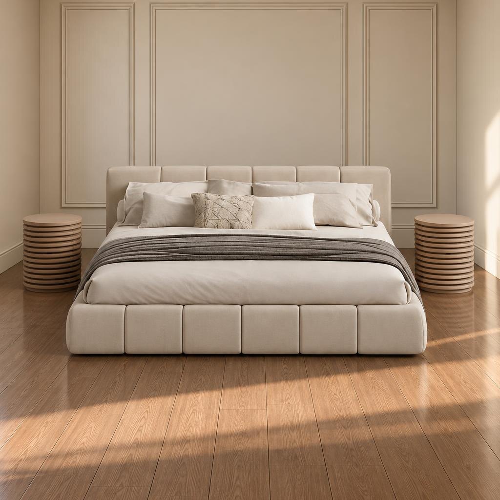 Bedroom Bed and Nightstand Set presented in a comfortable bedroom with refined side perspective with a clear product perspective