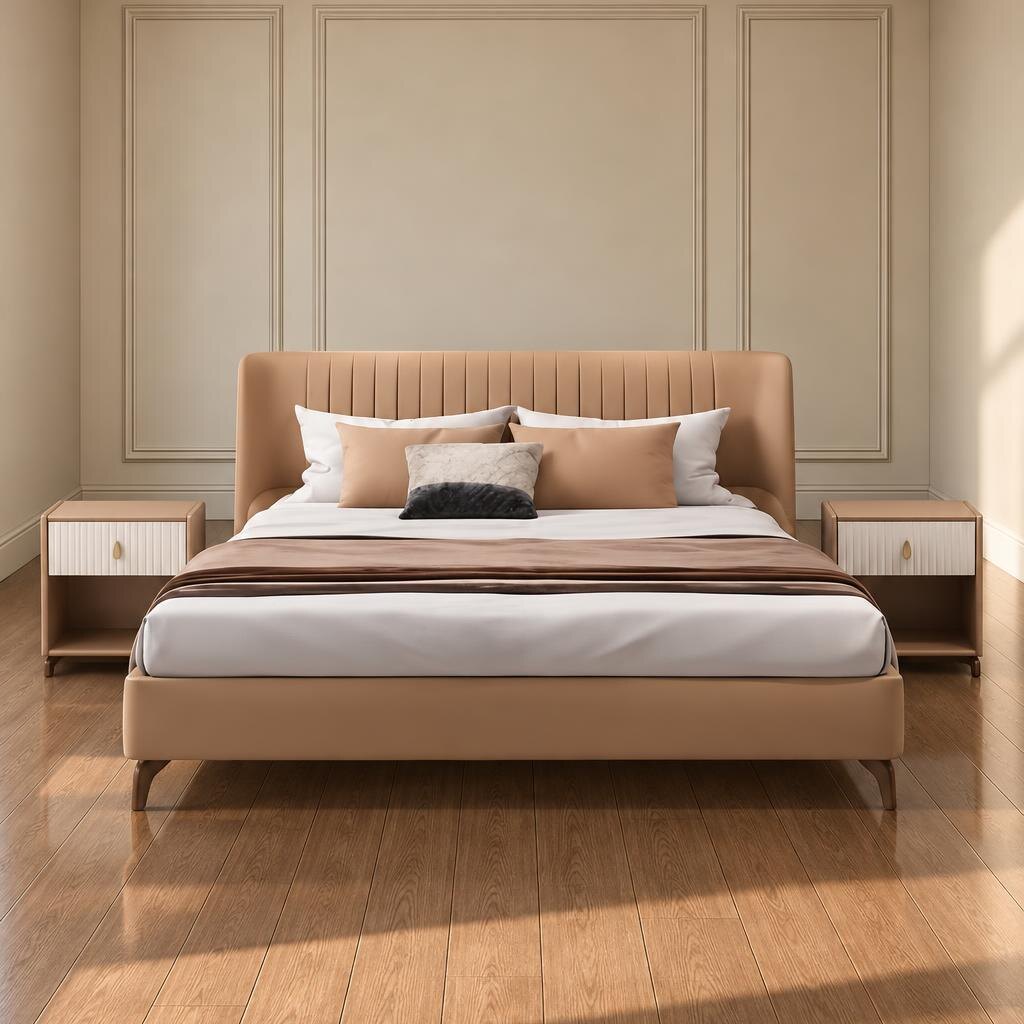 Bedroom Bed and Nightstand Set presented in a contemporary bedroom with neat front perspective with a clear product perspective
