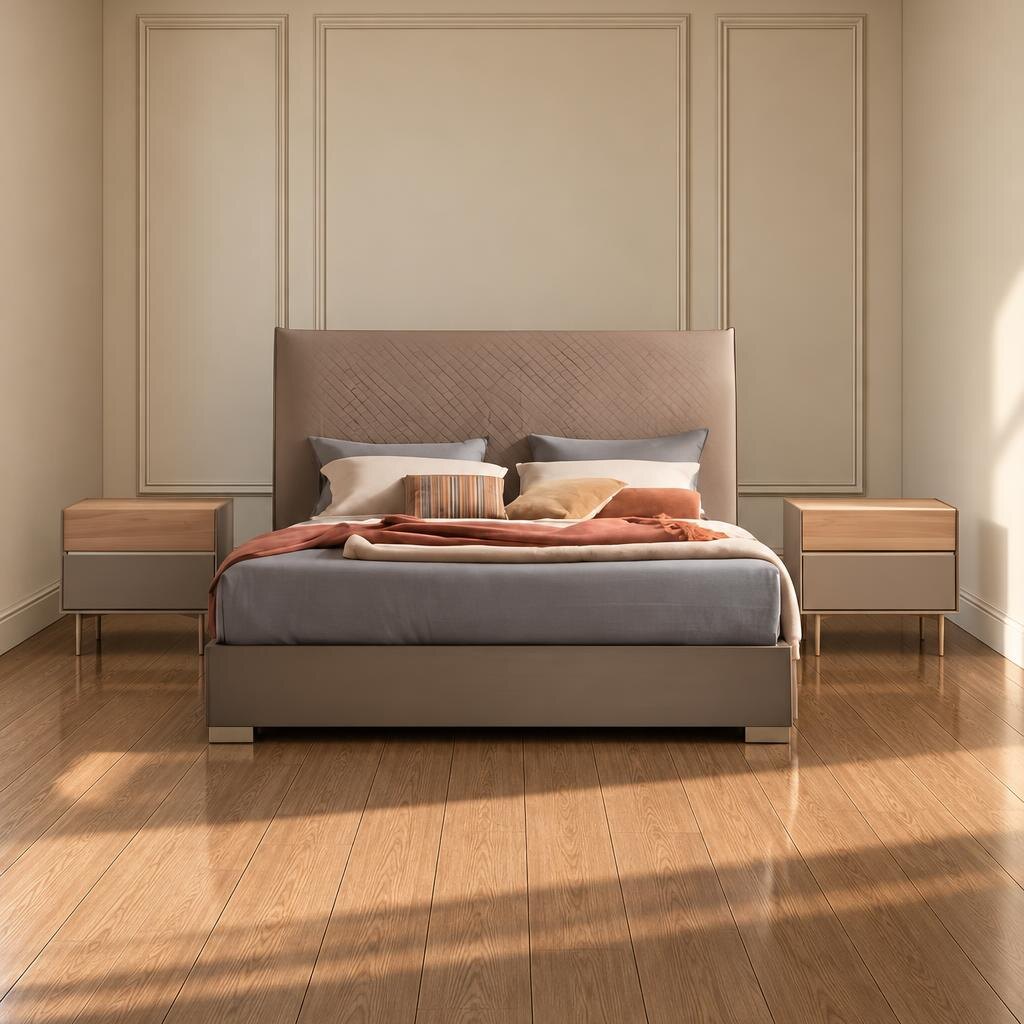 Bedroom Bed and Nightstand Set presented in a premium bedroom with polished furniture perspective