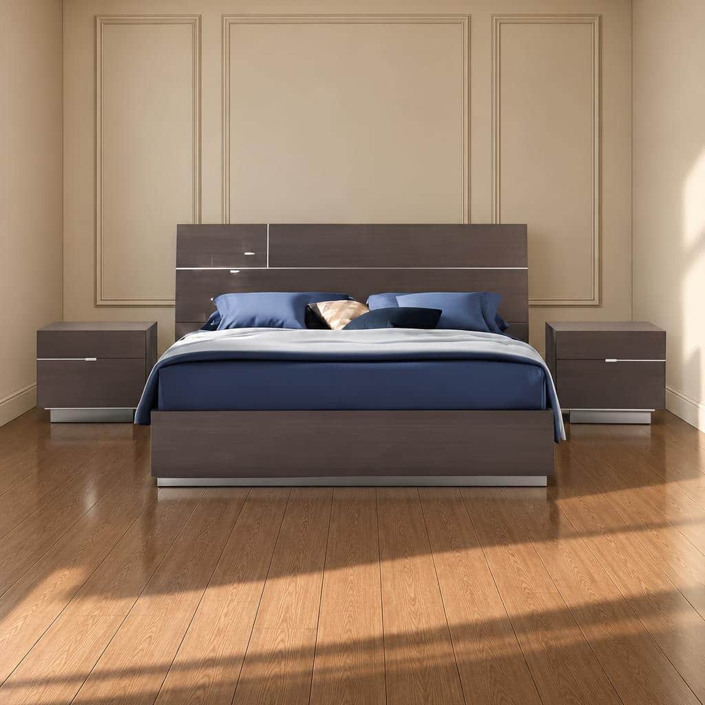 Bedroom Bed and Nightstand Set presented in a clean bedroom with sleek interior perspective