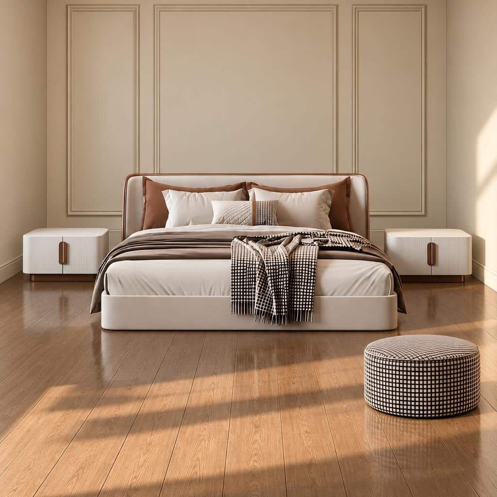Bedroom Bed and Nightstand Set presented in a cozy bedroom with smart interior perspective