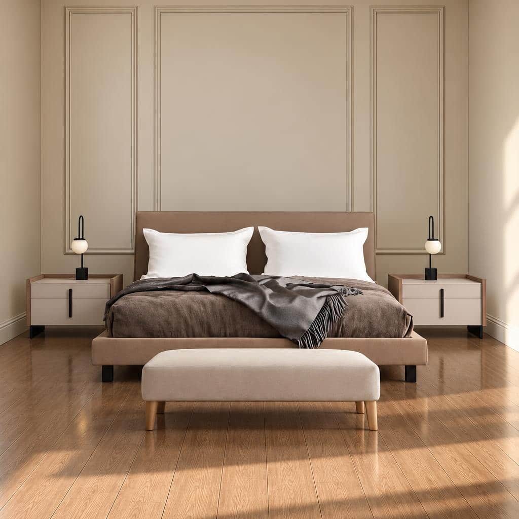 Tova Bed and Nightstand Set presented in a contemporary bedroom with side perspective