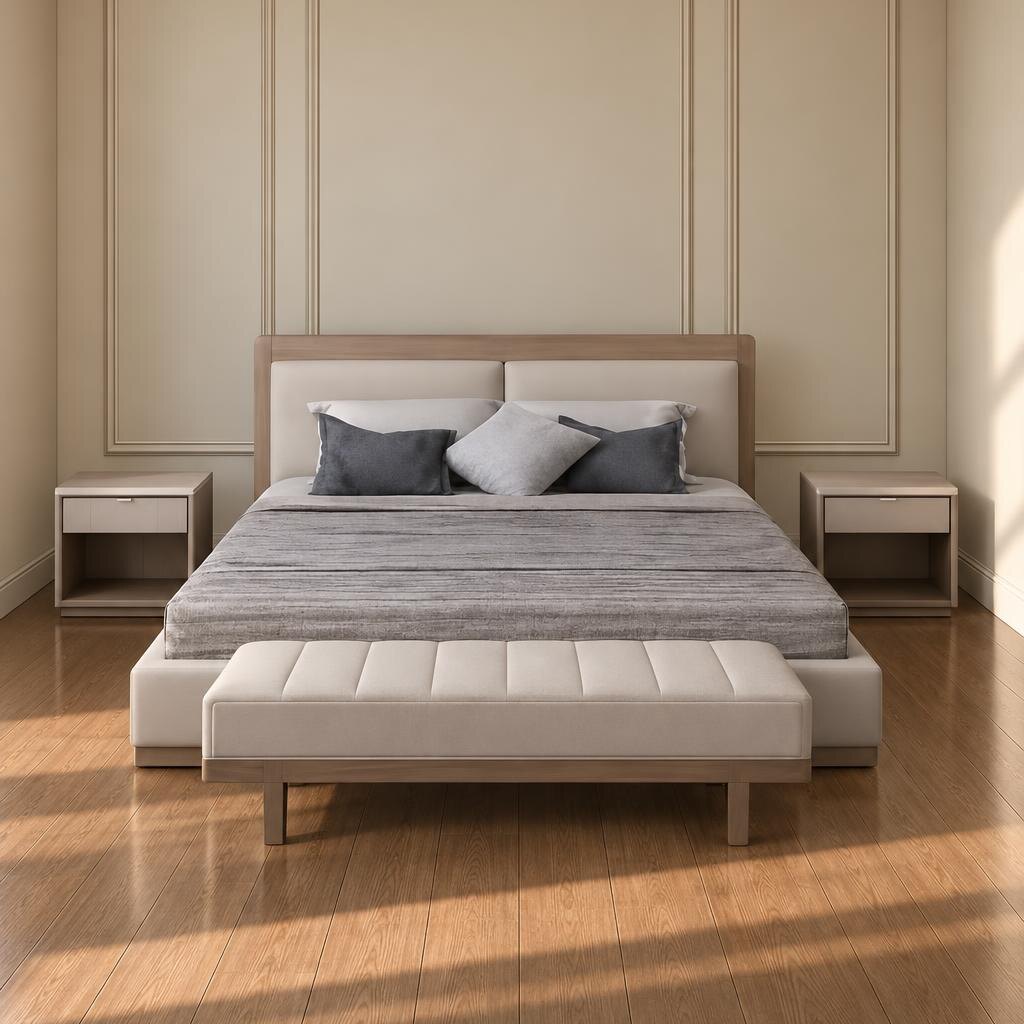 Bedroom Bed and Nightstand Set presented in a modern bedroom with graceful corner perspective with a clear product perspective